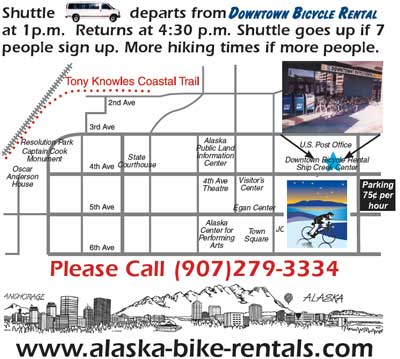 Flattop Mountain hiking in the Chugach Mountains using the Shuttle, Anchorage, Alaska.  Downtown Bicycle Rentals runs a shuttle from downtown Anchorage to Flattop Mountain